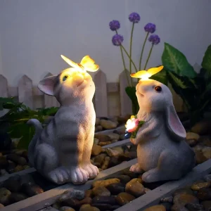 Best Seller Solar Powered LED Resin Statue Light Rabbit Cat And Butterfly Statue Decoration Light Used For Garden And Lawn Decor