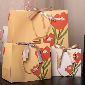Big Red Floral Gift Paper Bags With Ribbon Universal Holiday Handheld Gift Packaging Bags in Stock for Cross border