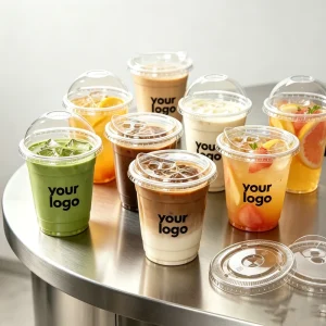 Biodegradable Cold Coffee and Juice Cups Disposable Bubble Tea Pla Cup With Sip Flat Lid Straw Matcha Icy Cold Beverage