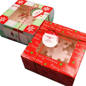 Biodegradable Red Paper Gift Packaging Box with Window for Christmas Holiday Candy and Bakery Cookies Square Foldable Gift Case