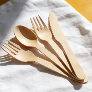 Birch Wood Eco-Friendly Sustainable Portable Hand Polished Fork Knife Spoon Napkin Set Reusable Compostable Cutlery