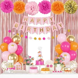 Birthday Balloon Decorations Set with Party Balloons Fringe Curtain Happy Birthday Banner Circle Dot Paper Pompom