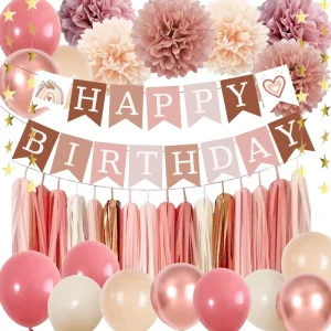 Birthday Balloons kit Decorations Boho Happy Birthday Banner Paper Pompoms Tassel Garland Neutral Rustic Birthday Party Supplies