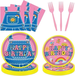 Birthday Decorations 96 Pcs Cartoon Paper Plates Napkins Forks Rachel Girl Disposable Tableware Set for Birthday Baby Shower
