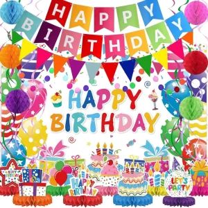Birthday Decorations Kit Happy Birthday Party Banner Honeycomb Balls Metallic Hanging Swirls Garland Backdrop Centerpieces
