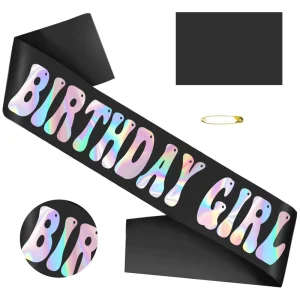Birthday Girl Iridescent Foil Black Satin Sash for Women Happy Birthday & Valentine’s Day Party Decorations Indoor/Outdoor Use