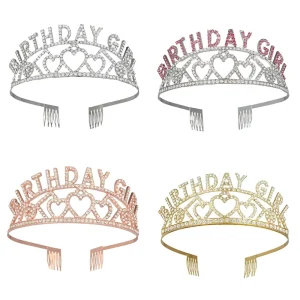 Birthday Girl Rhinestone Crown, 4 Colors Crystal Tiara with Comb for Women Birthday Party Decoration