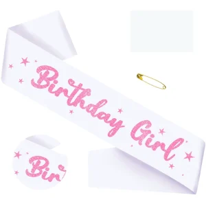 Birthday Girl Sash Pink Glitter White Satin Waterproof Eco friendly Girls Sweet 16 30th Birthday Valentine’s Day Party Gifts
