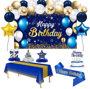Birthday Party Blue Metal Confetti Balloon Arch Happy Birthday Poster Sash Honeycomb Centerpiece Tablecloth Cake Topper Supplies