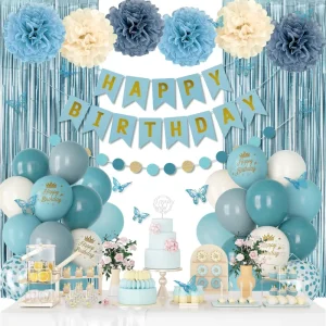 Birthday Party Decoration Items Rain Curtain Background Flags for the Cake Stand Paper Flowers Balls and Balloons Set