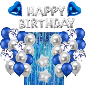Birthday Party Decoration Supplies Blue Silver Latex Balloon and Blue Confetti Ballon and Foil Happy Birthday Heart Balloon Set