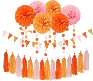 Birthday Party Decoration Supplies Set Pink Orange Paper Pompom and Banner for Paper Birthday Decoration