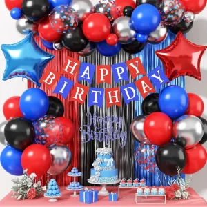 Birthday Party Decorations Balloon Set with Happy Birthday Banner Fringe Curtain for Hero Theme Party Supplies
