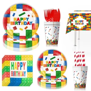 Birthday Party Decorations Colorful Blocks Disposable Plate Napkin Disposable Building Block Paper Tableware