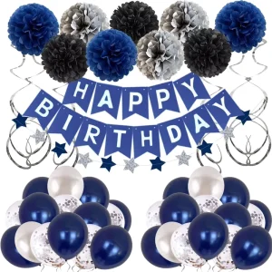 Birthday Party Decorations Set Happy Birthday Banner Paper Pom Poms Latex Balloons Hanging Swirls for Men Boys Birthday Party