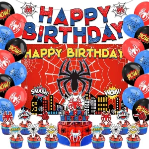 Birthday Party Decorations Spider Hero Theme Banner Backdrop Cloth Cake Topper Latex Balloons Set for Kids Festival Celebration