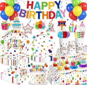 Birthday Party Rainbow Plates Cups Napkin Tablecloth Dinnerware Cake Topper Hanging Banner Swirls Honeycomb Centerpiece Supplies
