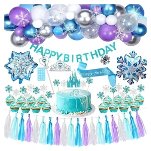 Birthday Party Supplies Including Kid’s Birthday Banner Balloons Cake Toppers Tassel Sash Snowflake Pin Tattoo Stickers