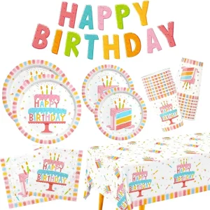 Birthday Party Supplies Set Cake Design Includes Plates Napkins Cups Tablecloth Banner Boys Girls Decorations