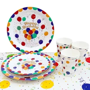 Birthday Party Tableware Set with Printed Balloon Paper Plates Cups Napkins Tablecloth Party Supplies Decorations