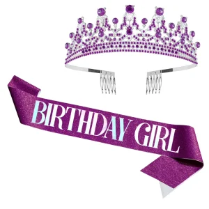 Birthday Queen Crystal Tiara and Sash Kit with Glitter Comb for Party Decorations