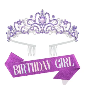 Birthday Rhinestone Tiara Kit Colorful Glitter Shoulder Strap Birthday Girl and Queen Sash Crown Set Birthday Party Supplies