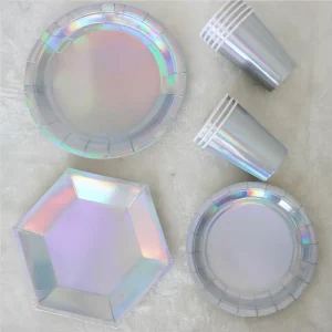 Birthday Wedding Party Paper Decorative Plates Cups Iridescent Paper Party Supplies Set