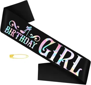 Black Birthday Girl Sash with Iridescent Foil Funny Happy Birthday Sash Decorations for Girls Disco Birthday Party Supplies