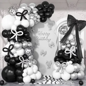 Black Bow Balloon Garland Arch Kit 206pcs White and Black Latex Balloon for Wedding Bridal Engagement Bachelorette Decorations