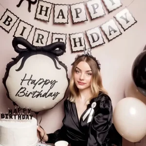 Black Bow Birthday Round Shape Foil Balloon Luxury Style for Birthday Party Anniversary Event Scene Decoration