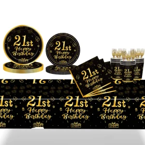 Black Gold Anniversary Modern Paper Plate Cup Tableware Set Tissue Celebration Party Decorations for Birthday Decorating