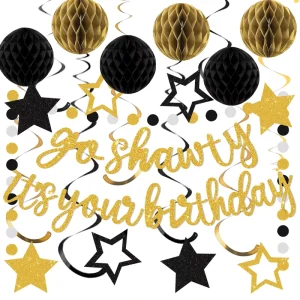 Black Gold Birthday Decor Go Shawty Banner Honeycomb Ball Star Swirl Dot Garland Party Women Men Girl