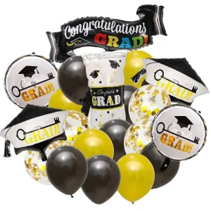 Black Gold Confetti Latex Balloon with Grad Doctor Cap Certificate Foil School Congrats Graduation Party Balloons Accessories