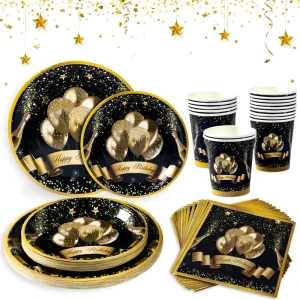 Black Gold Disposable Tableware Set Christmas Events Happy Birthday Party Decoration Supplies Champagne Balloons Paper Plates