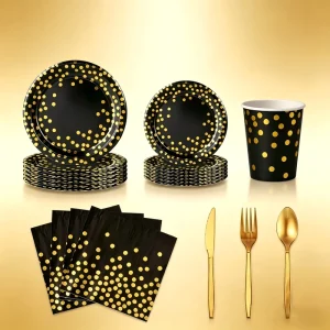 Black Gold Dot Disposable Dinnerware Set 80pcs with Plates Cups Cutlery Napkins for Wedding Birthday Party Decor