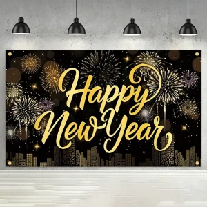 Black Gold Firework Happy New Year Backdrop City Silhouette New Year Eve Photo Background Banner Party Decor