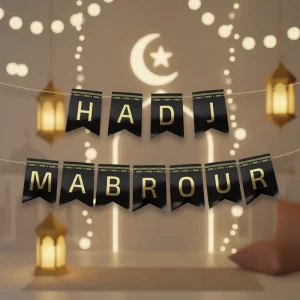 Black Gold Foiled Hajj Mubarak Banner Ramadan Decorations Umrah Mubarak Banner Hadj Mabrour Garland for Muslim Hajj Decoration