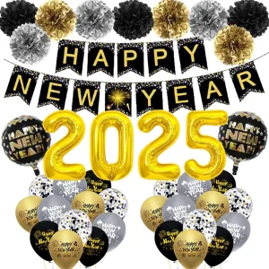 Black Gold Happy New Year Party Decoration Set Decorated New Year Banner Aluminum Film Latex Balloon