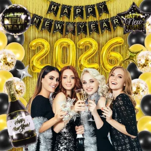 Black Gold New Year Balloon Set with Happy New Year Banner and New Year Decoration