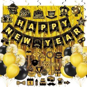 Black Gold New Year Party Decor Kit Happy New Year Banner Gold Tinsel Curtain Balloons Photo Booth Props