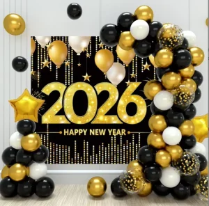 Black Gold New Year Party Decoration Flag Pulling Happy New Year New Year’s Eve Decoration Supplies Set