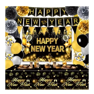 Black Gold New Year Party Decoration Supplies Happy New Year Rain Curtain Flag Spiral Balloon Party Decoration Set