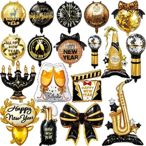 Black & Gold Party Decorations with Champagne Disco Ball Saxophone & Bow Tie Shapes for NYE Celebration