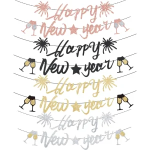 Black Gold Silver Happy New Year Glittering Paper Banner Party for New Year Festive Background Decorations