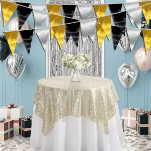 Black Gold Silver Triangle Pennant Banner Flag Metallic Fabric Bunting Garland for Christmas Wall Hanging Graduation Decorations