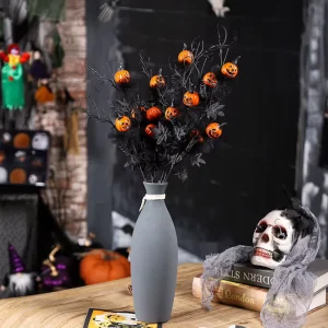 Black Orange Halloween Decor Scary Pumpkin Stem Branch Bouquet Plastic Home Party Decoration