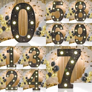 Black Particle LED Glowing Number 0-9 Decorative Lights AA Battery Powered Warm White for Anniversary Birthday Parties Custom