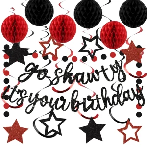 Black Red Go Shawty Birthday Banner Glitter Happy Sign Honeycomb Ball Hip Hop Rap Party Decor Men Women