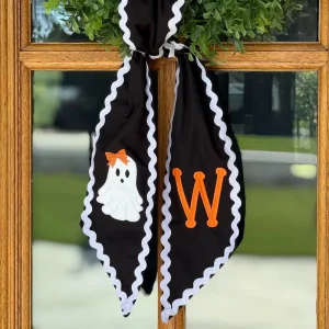 Black Sash White Edge Personalized Ghost Halloween Wreath Bow Wreath Tie Monogrammed Embroidery Black Sash