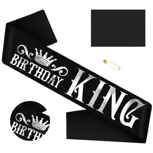 Black Satin Silver Foil Birthday King Sash for Men’s Birthday & Valentine’s Day Party Decorations Waterproof Durable